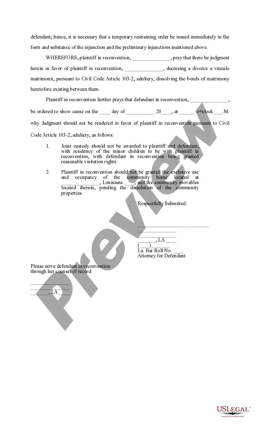 Get Answers to Allegations of Divorce Petition and Reconventional Demand Regarding Custody, Community Property and Restraining Order Preview Answers to Allegations of Divorce Petition and Reconventional Demand Regarding Custody, Community Property and Restraining Order