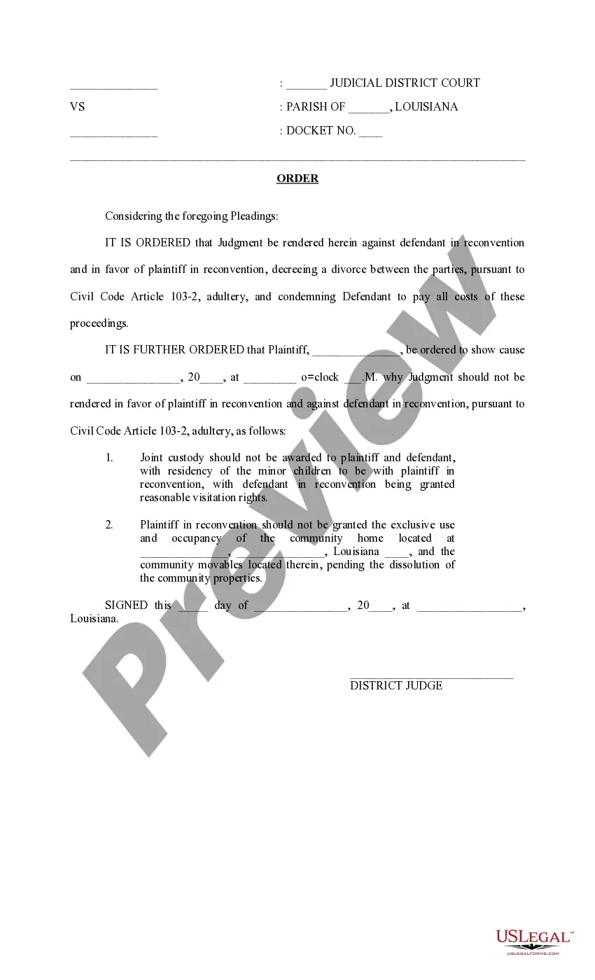 Get Answers to Allegations of Divorce Petition and Reconventional Demand Regarding Custody, Community Property and Restraining Order Preview Answers to Allegations of Divorce Petition and Reconventional Demand Regarding Custody, Community Property and Restraining Order