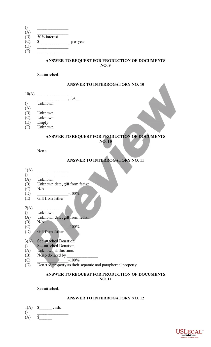 Preview Answer to Interrogatories and Request for Production of Documents Divorce