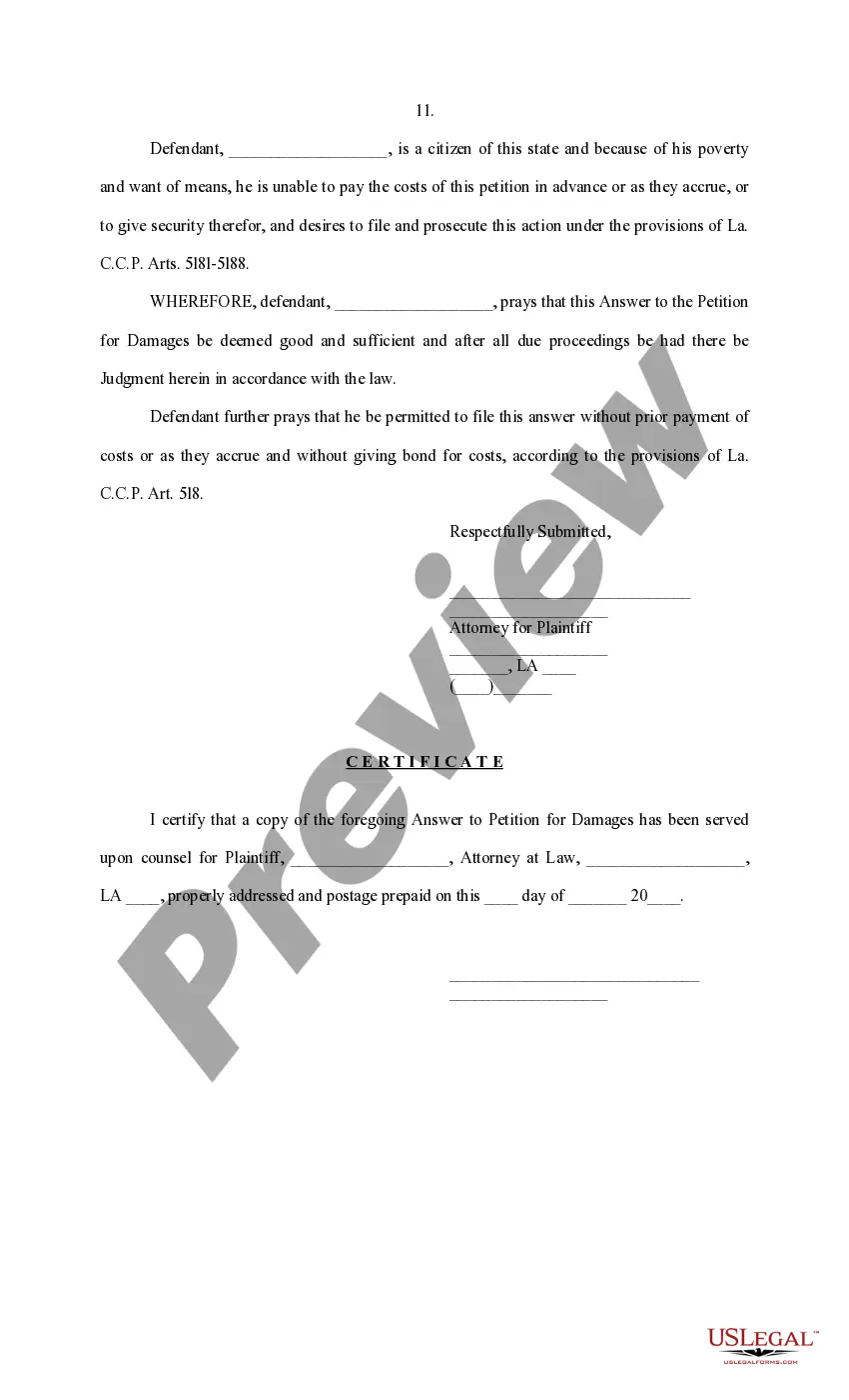 Preview Answer to Petition for Damages