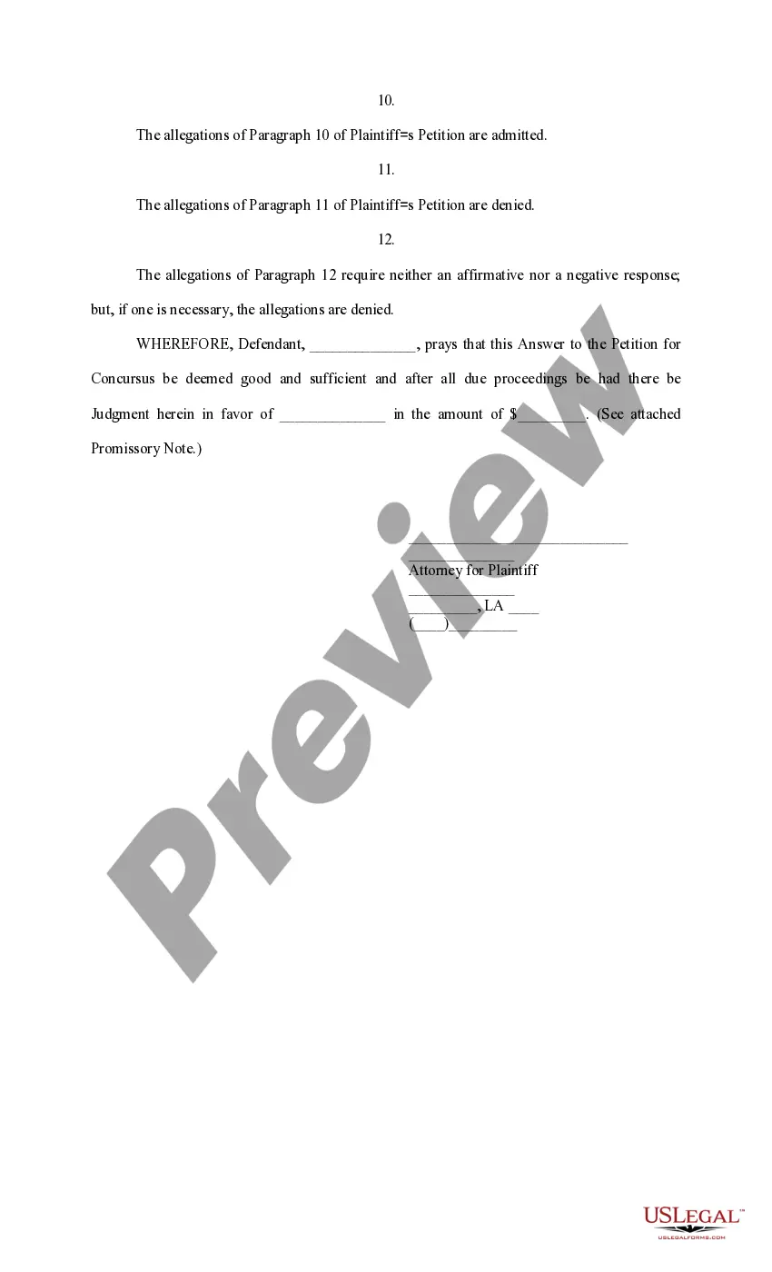 Preview Answer to Petition for Concursus, Suit on Promissory Note