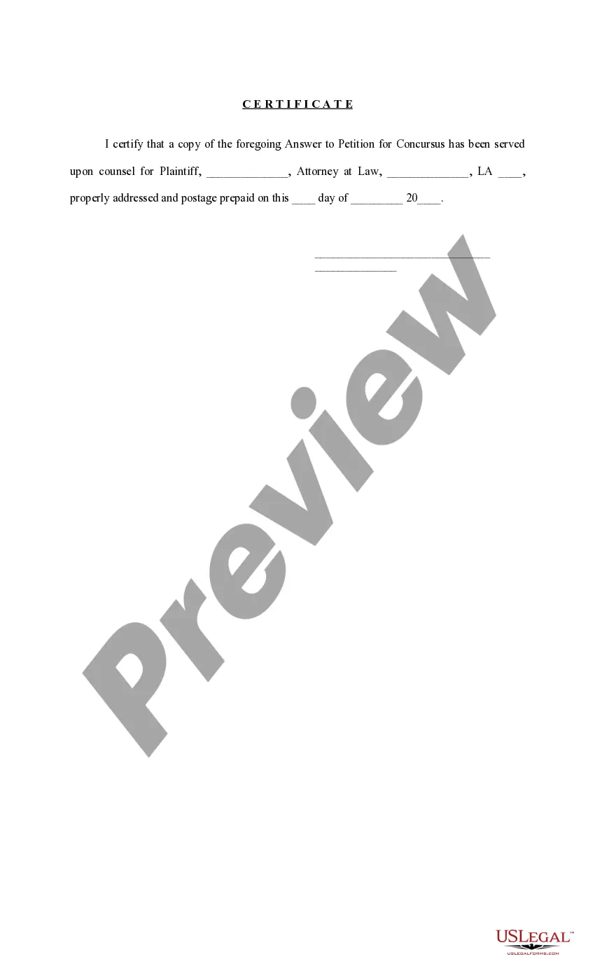 Preview Answer to Petition for Concursus, Suit on Promissory Note