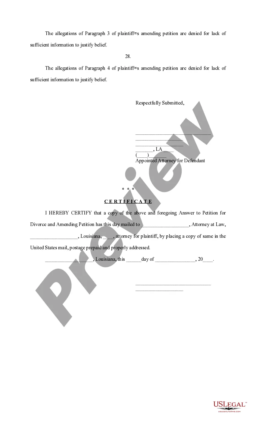 Preview Answer to Original Petition for Divorce and Amending Petition