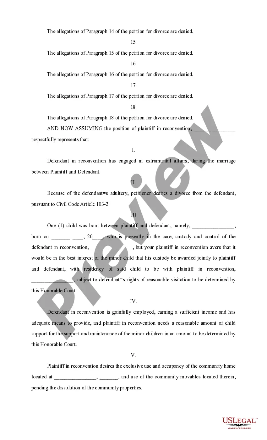 Preview Answer and Reconventional Demand with Restraining Order in Divorce
