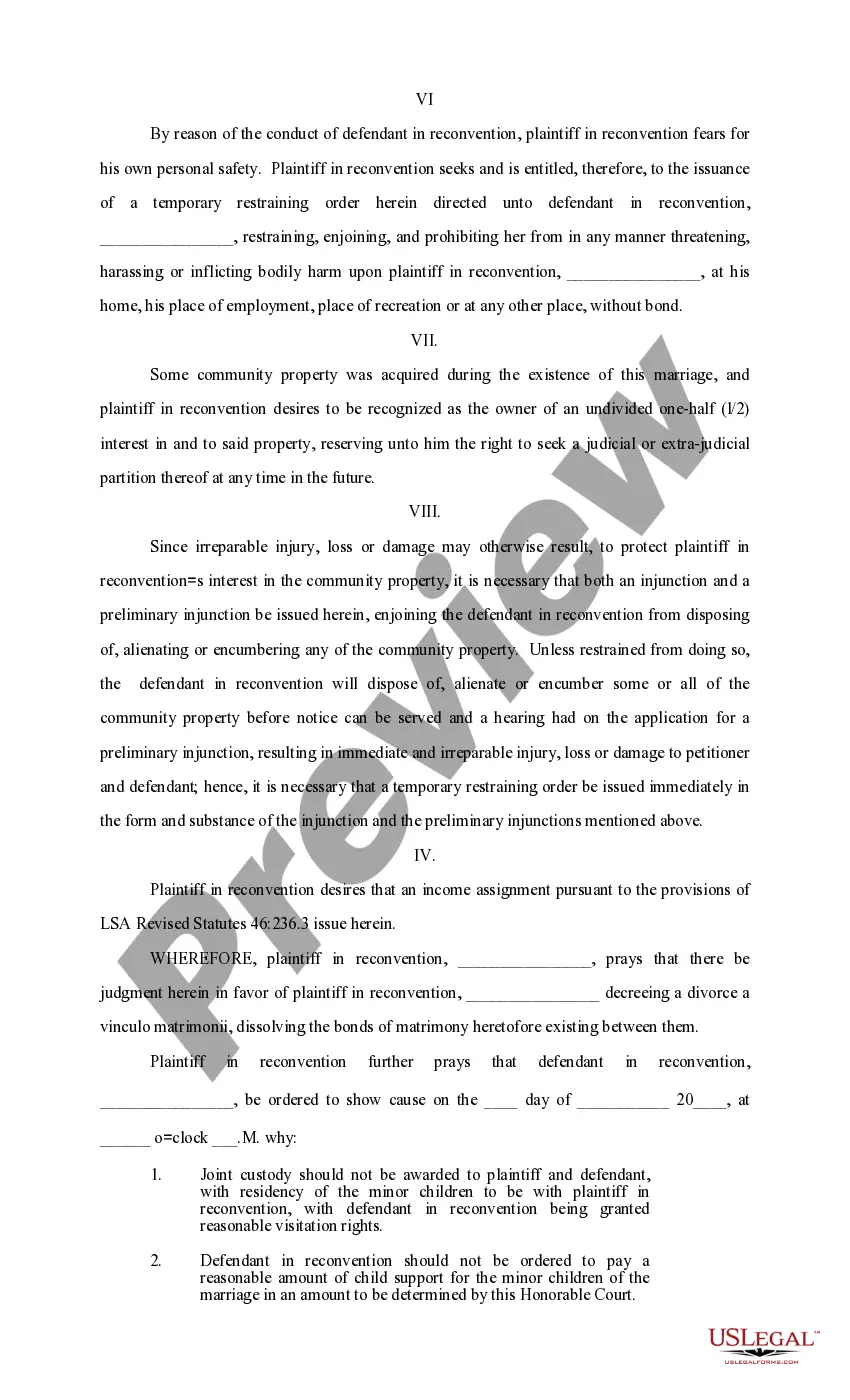 Preview Answer and Reconventional Demand with Restraining Order in Divorce