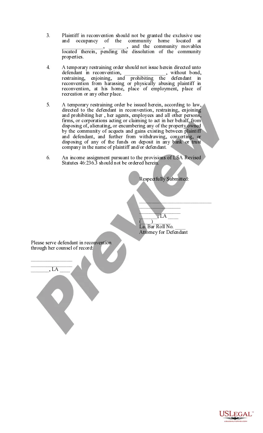 Preview Answer and Reconventional Demand with Restraining Order in Divorce