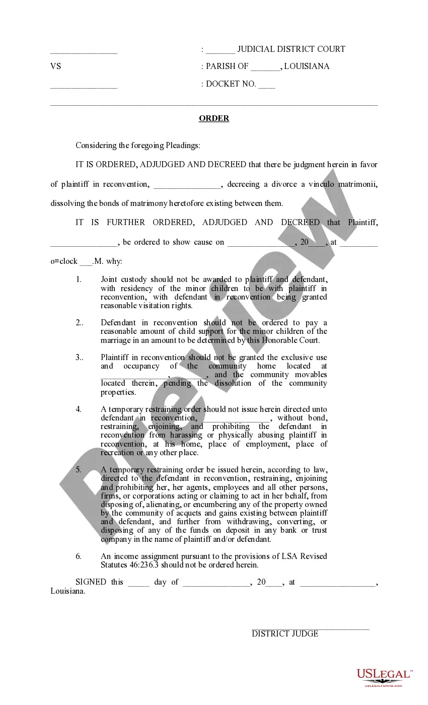 Preview Answer and Reconventional Demand with Restraining Order in Divorce