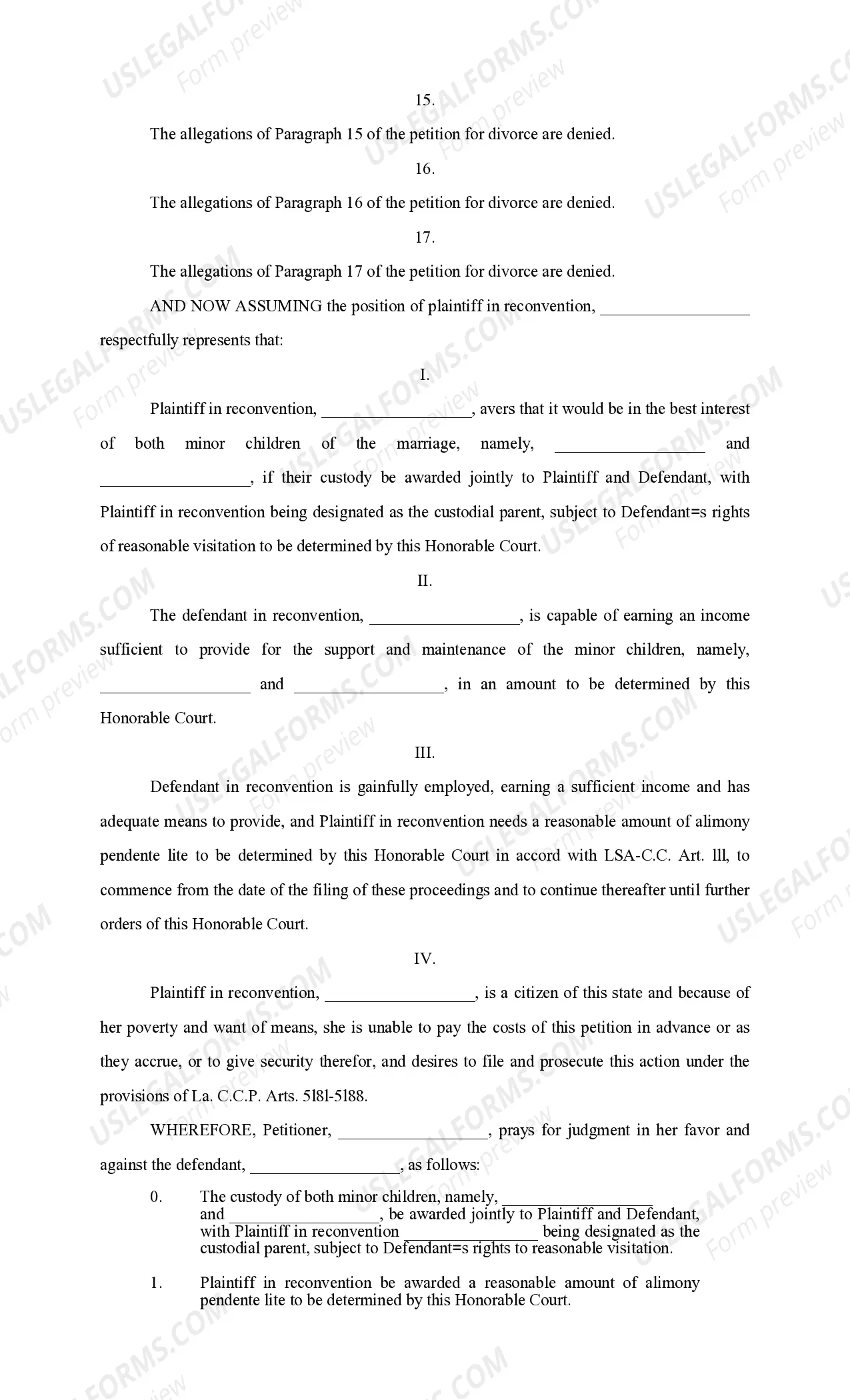 Preview Answer and Reconventional Demand Divorce