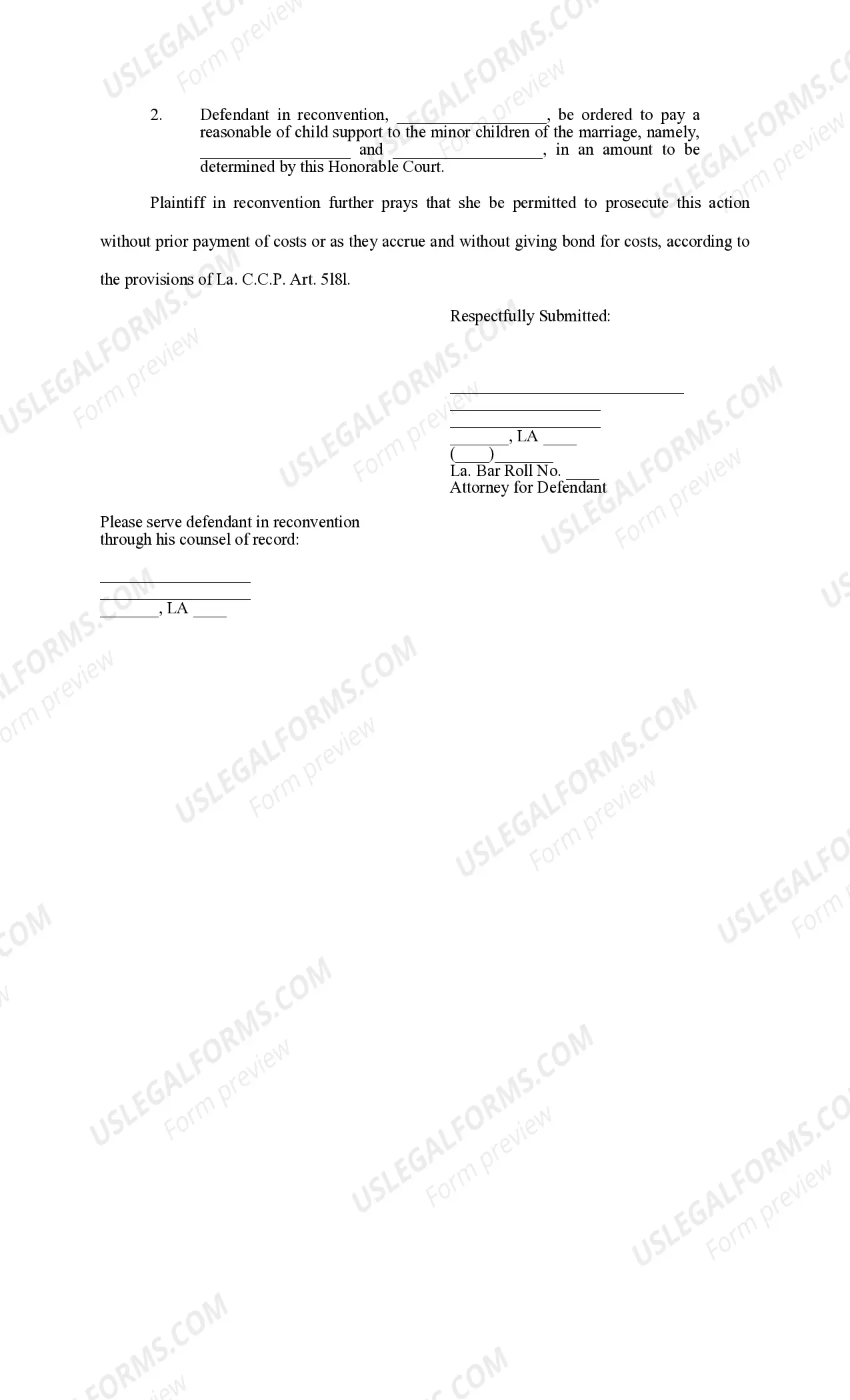 Preview Answer and Reconventional Demand Divorce