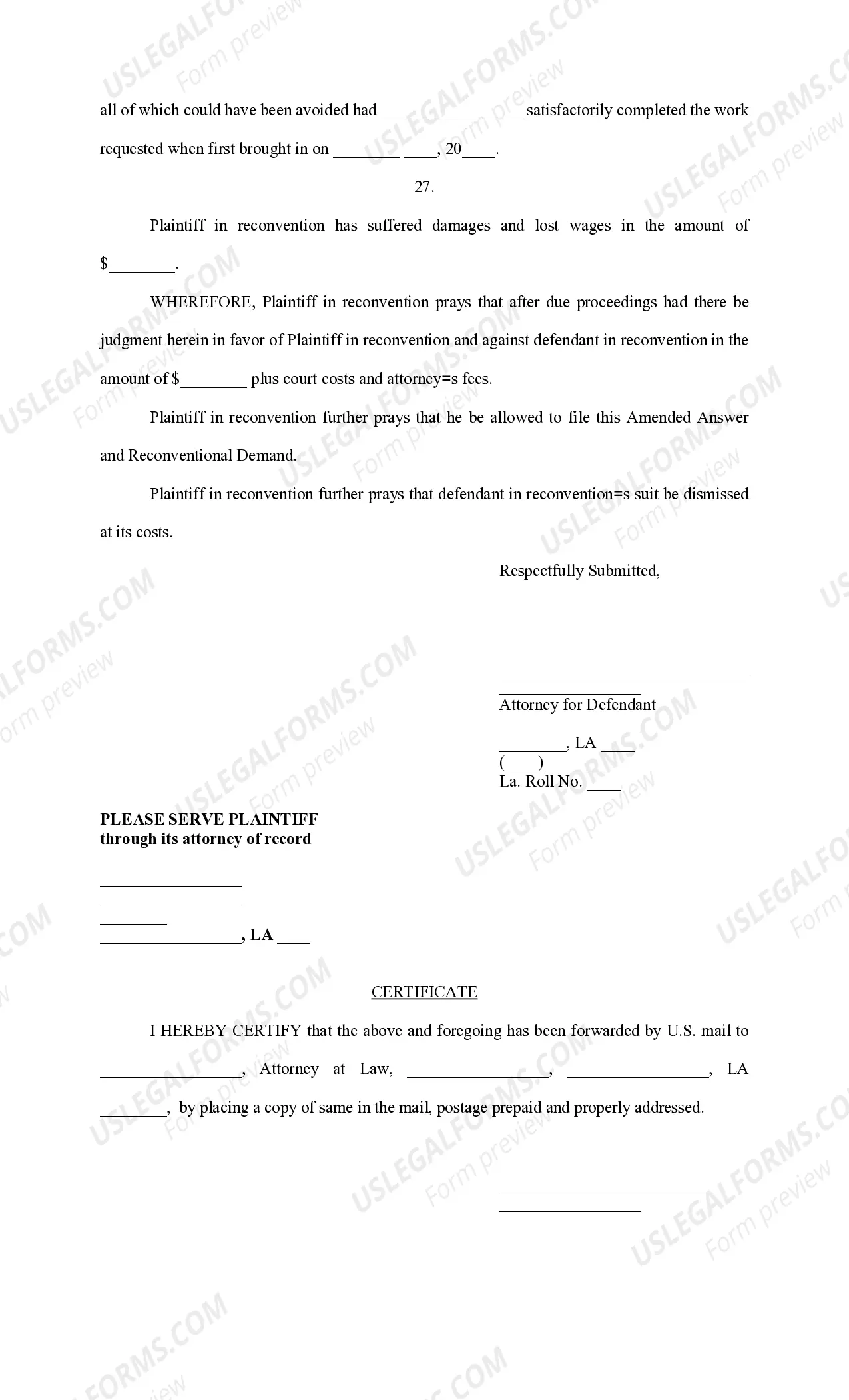 Preview Amended Answer and Reconventional Demand