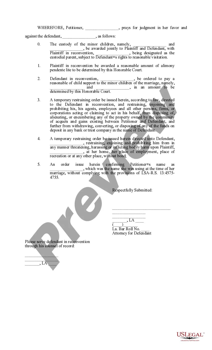 Get Answer and Reconventional Demand Divorce - with name change and temporary restraining order Preview Answer and Reconventional Demand Divorce - with name change and temporary restraining order