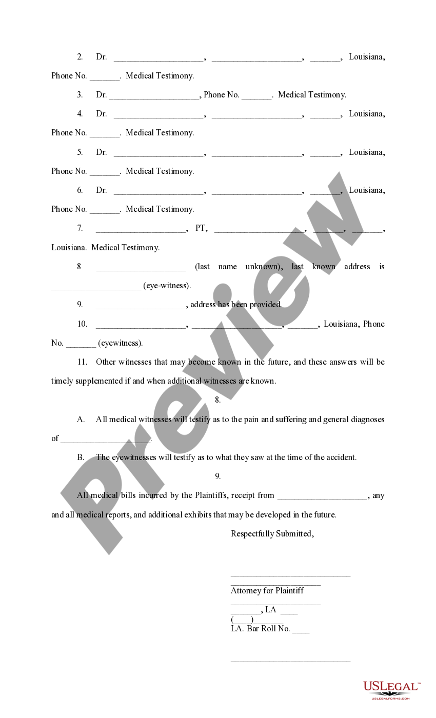 Louisiana Answers to Interrogatories - Injury - Plaintiff | US Legal Forms