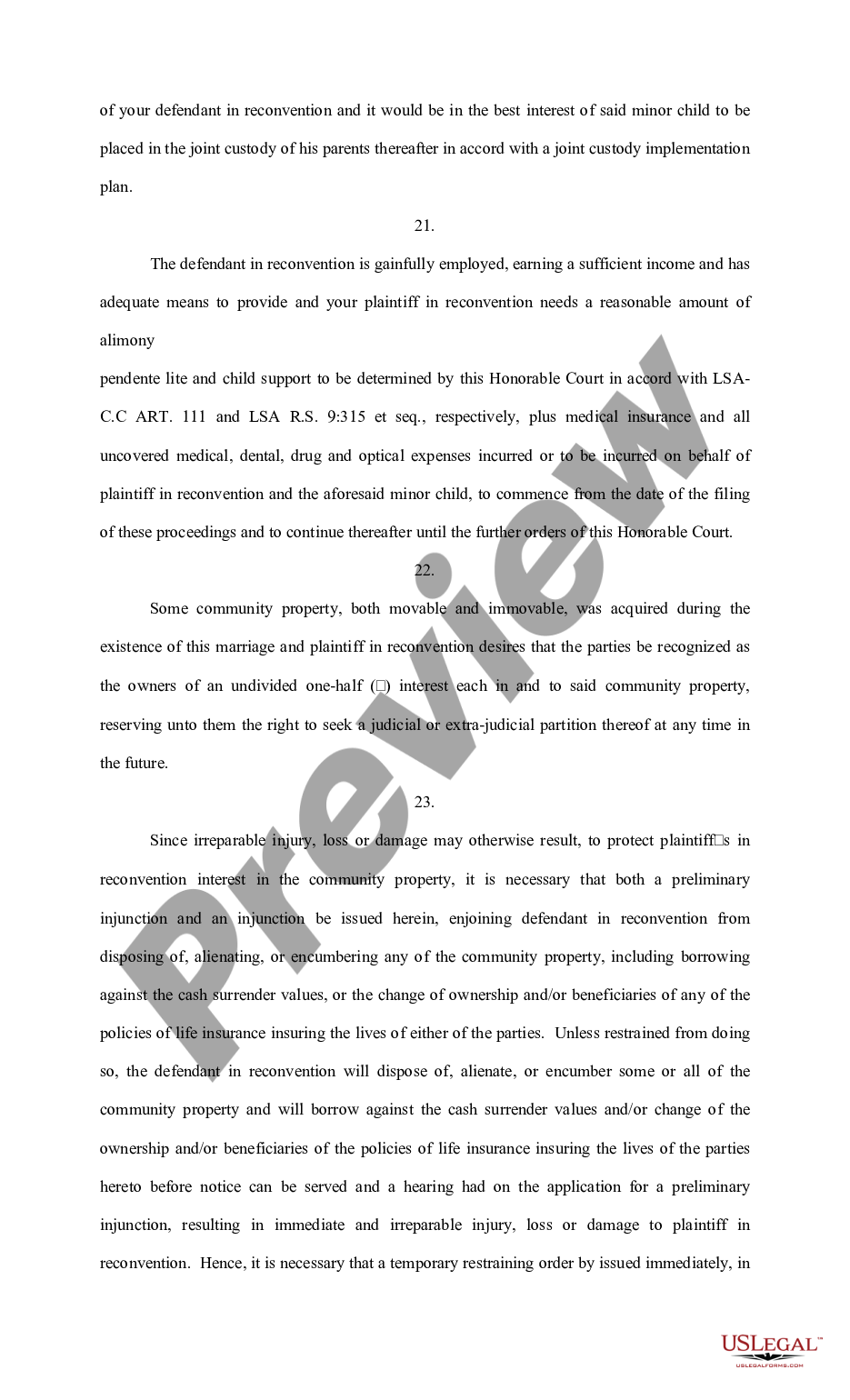 page 2 Answers to Original, First Amended, and Supplemental Petition and Reconventional Demand (Divorce) preview