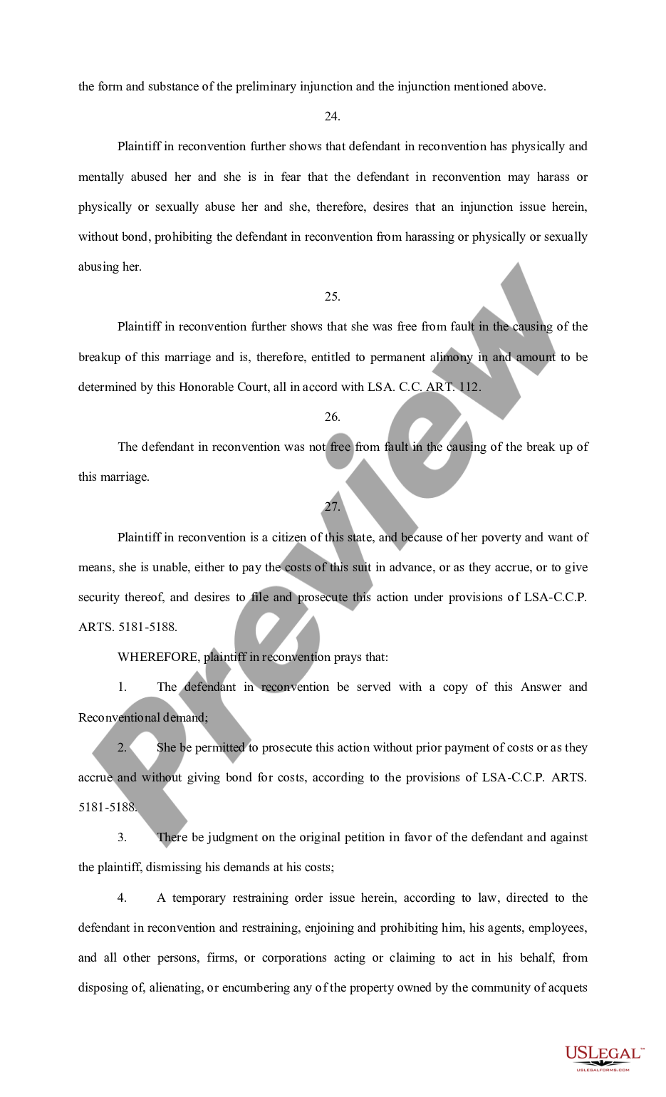 page 3 Answers to Original, First Amended, and Supplemental Petition and Reconventional Demand (Divorce) preview