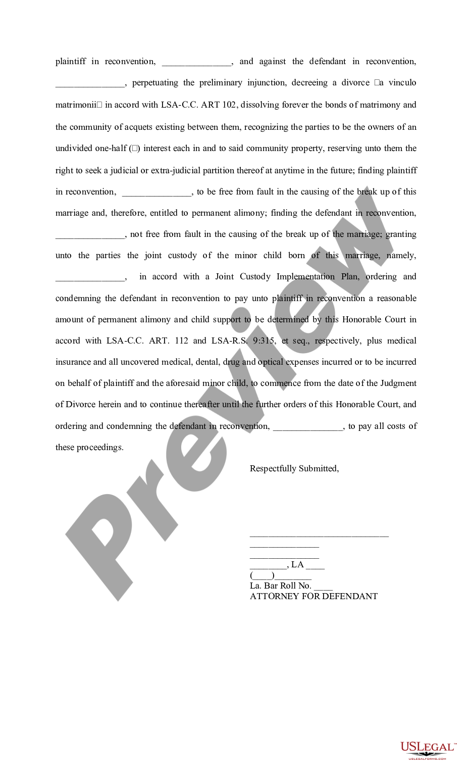 page 5 Answers to Original, First Amended, and Supplemental Petition and Reconventional Demand (Divorce) preview