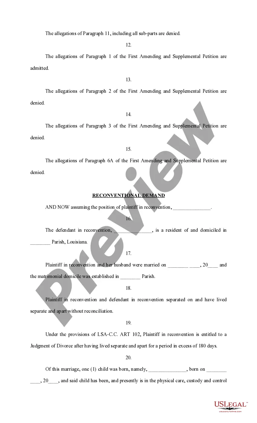 Preview Answers to Original, First Amended, and Supplemental Petition and Reconventional Demand (Divorce)