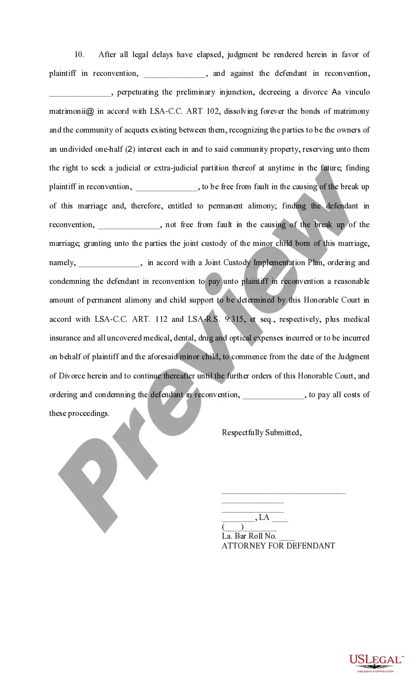 Preview Answers to Original, First Amended, and Supplemental Petition and Reconventional Demand (Divorce)