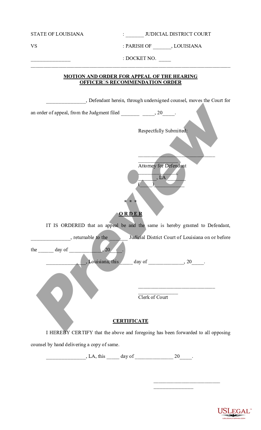 Louisiana Motion and Order for Appeal of the Hearing Officer's ...