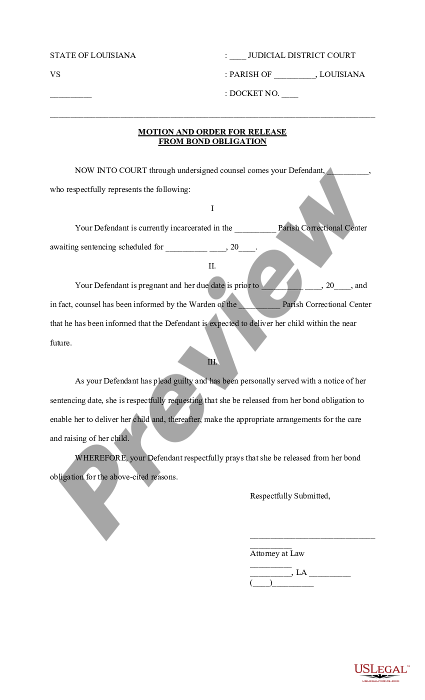 Louisiana Motion And Order To Release From Bond Obligation Motion To Release Bond Us Legal Forms 8669