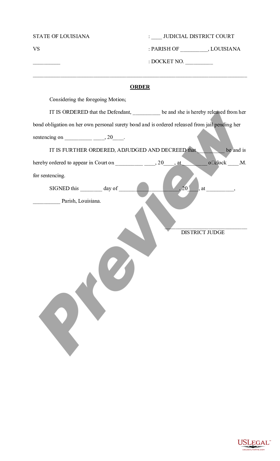 page 1 Motion and Order to Release from Bond Obligation preview
