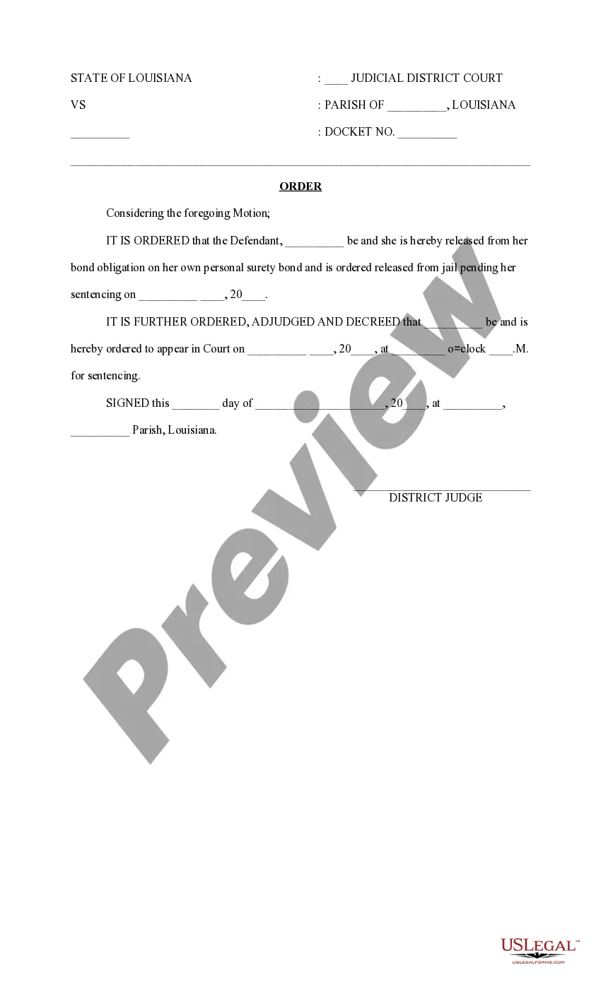 Preview Motion and Order to Release from Bond Obligation