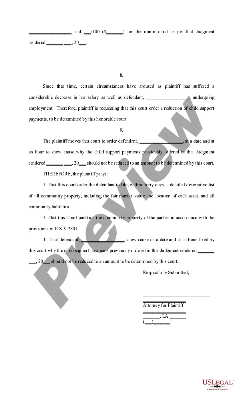 Preview Petition for Judicial Partition of Community Property and Reduction of Child Support
