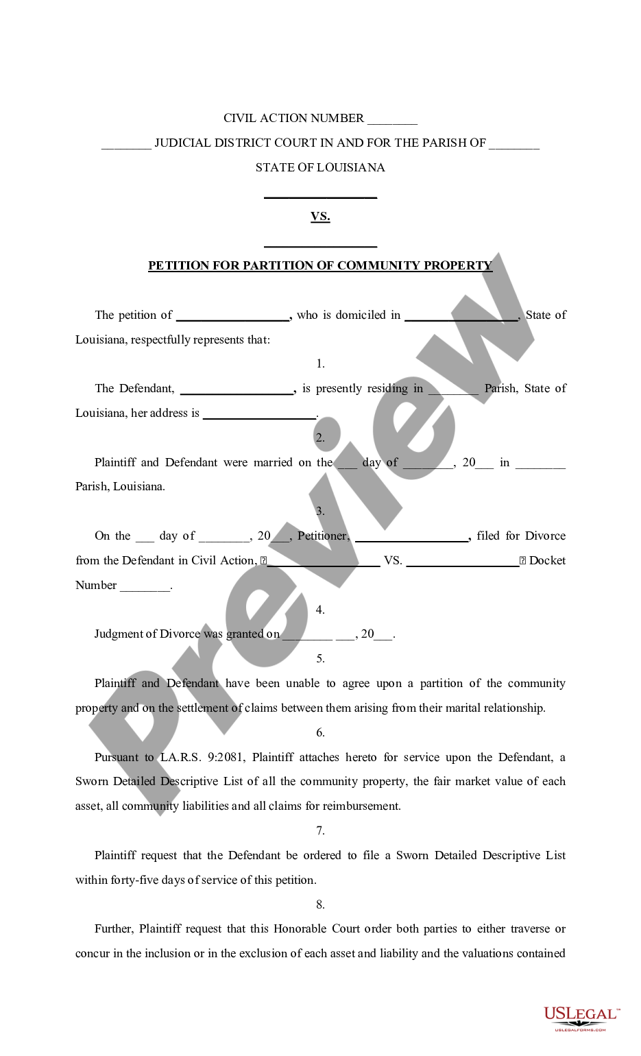 Louisiana Community Property Settlement Form