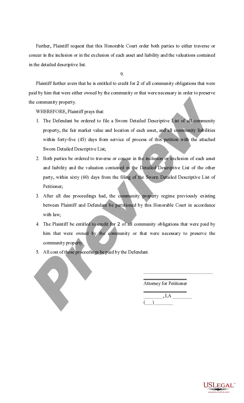 Get Petition for Partition of Community Property with list of commercial property Preview Petition for Partition of Community Property with list of commercial property