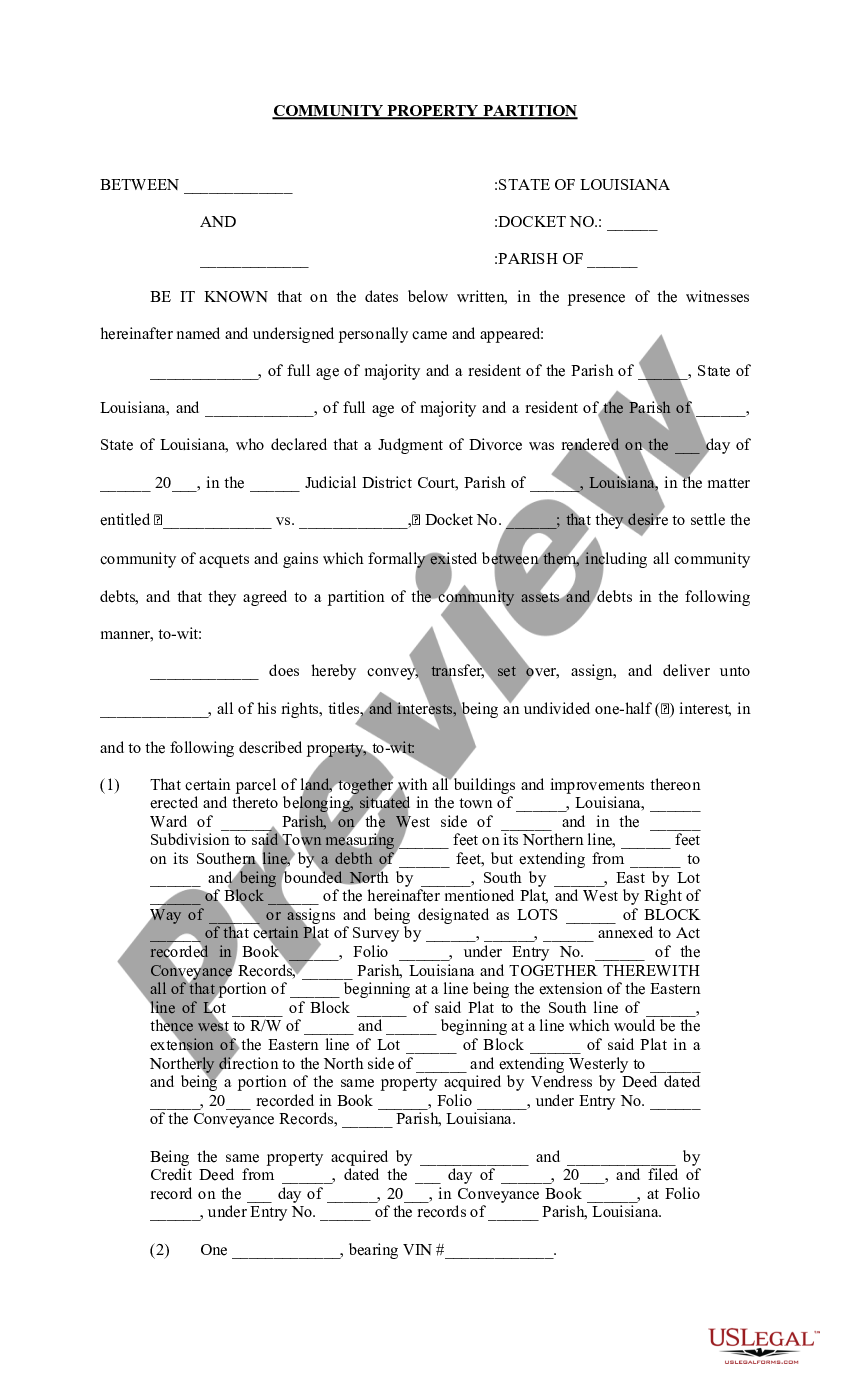 Community Property Partition Louisiana With Right Of Survivorship Us Legal Forms 1873