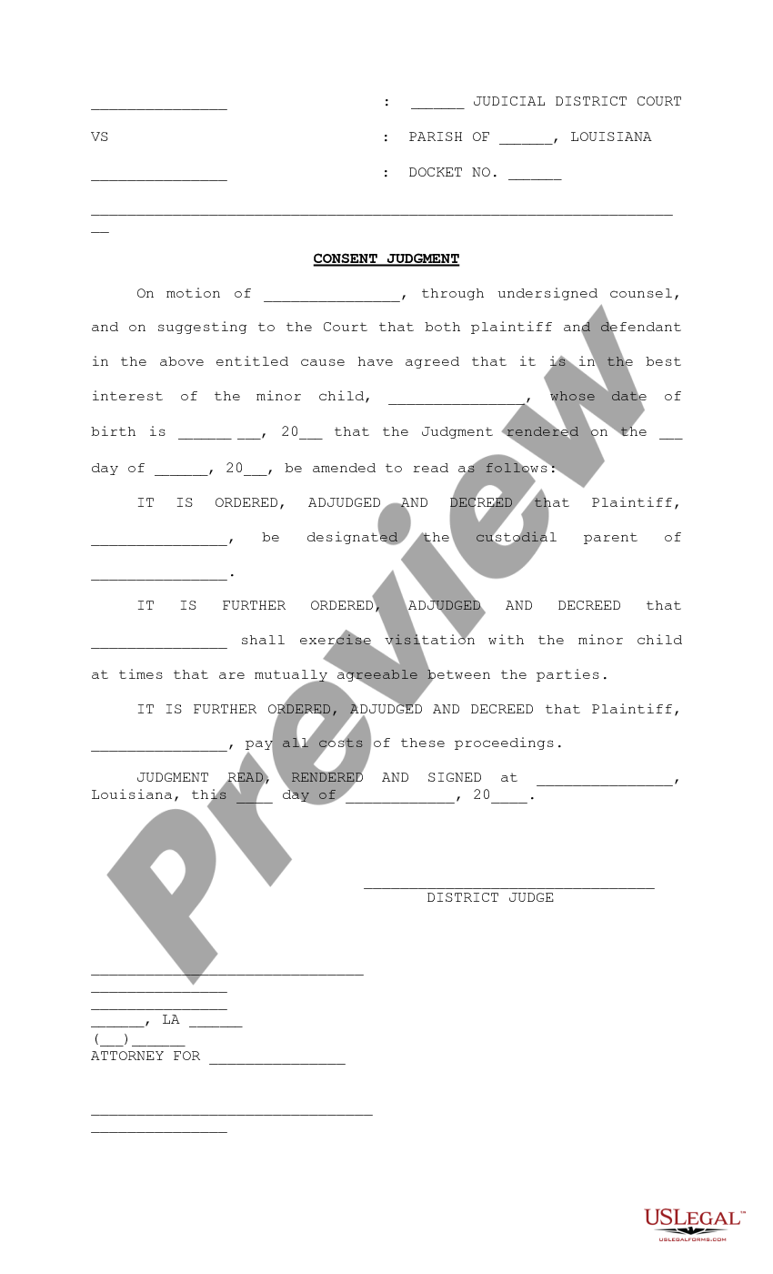 Louisiana Amended Consent Judgment Custody Consent Judgment Louisiana Us Legal Forms 1929