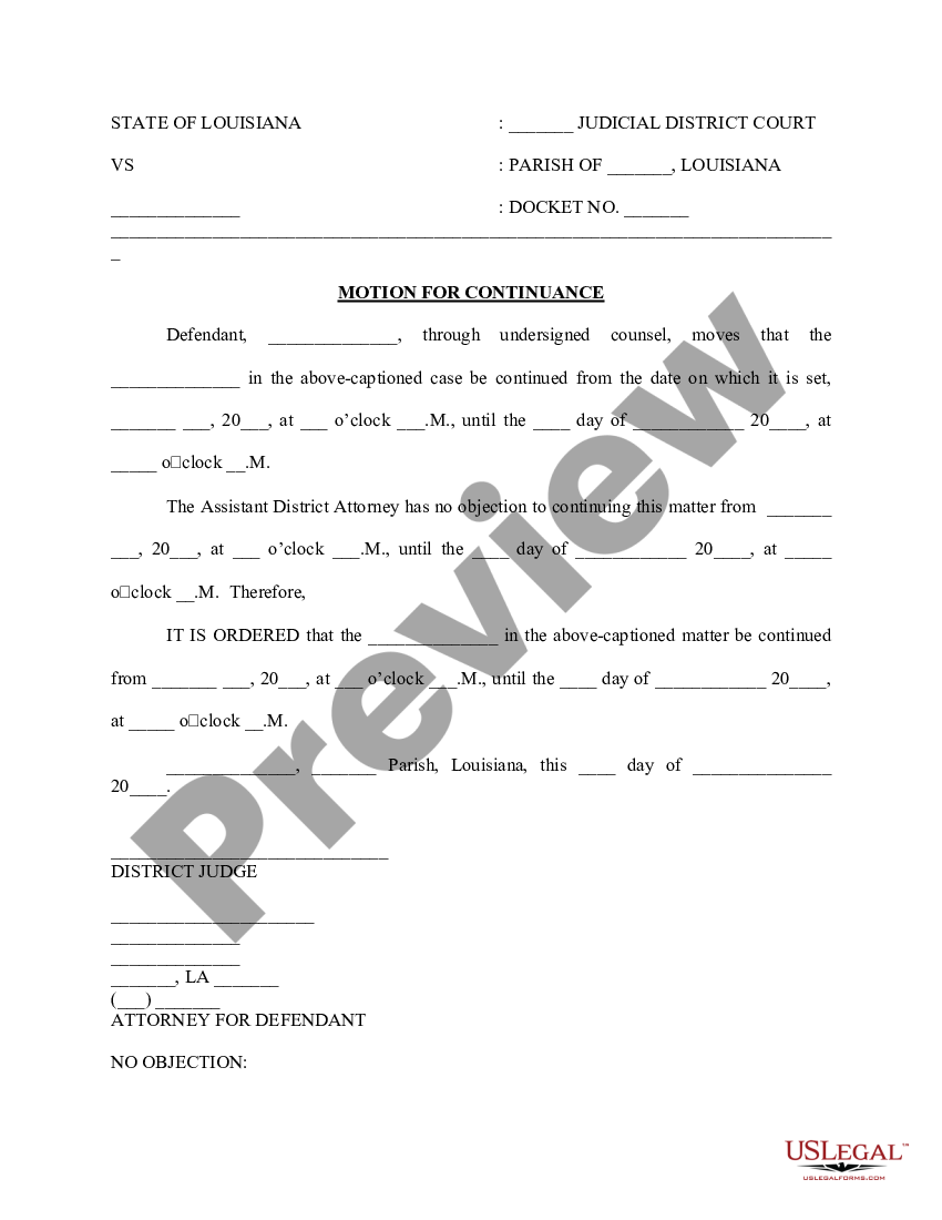 Louisiana Motion For Continuance And Order Motion Continuance Louisiana Us Legal Forms 1502