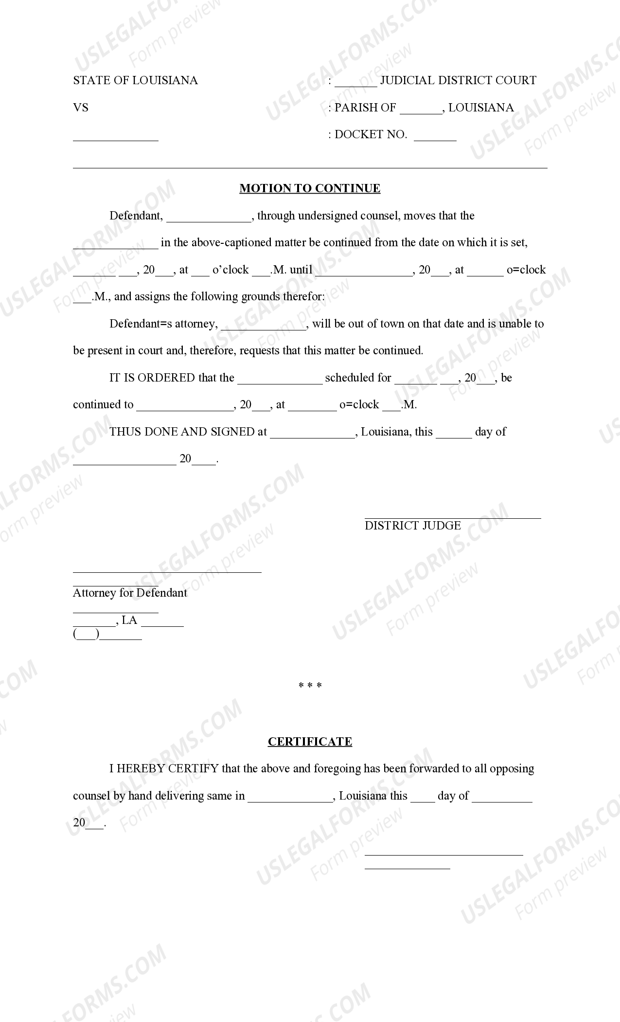 Louisiana Motion to Continue due to Attorney being out of town, and