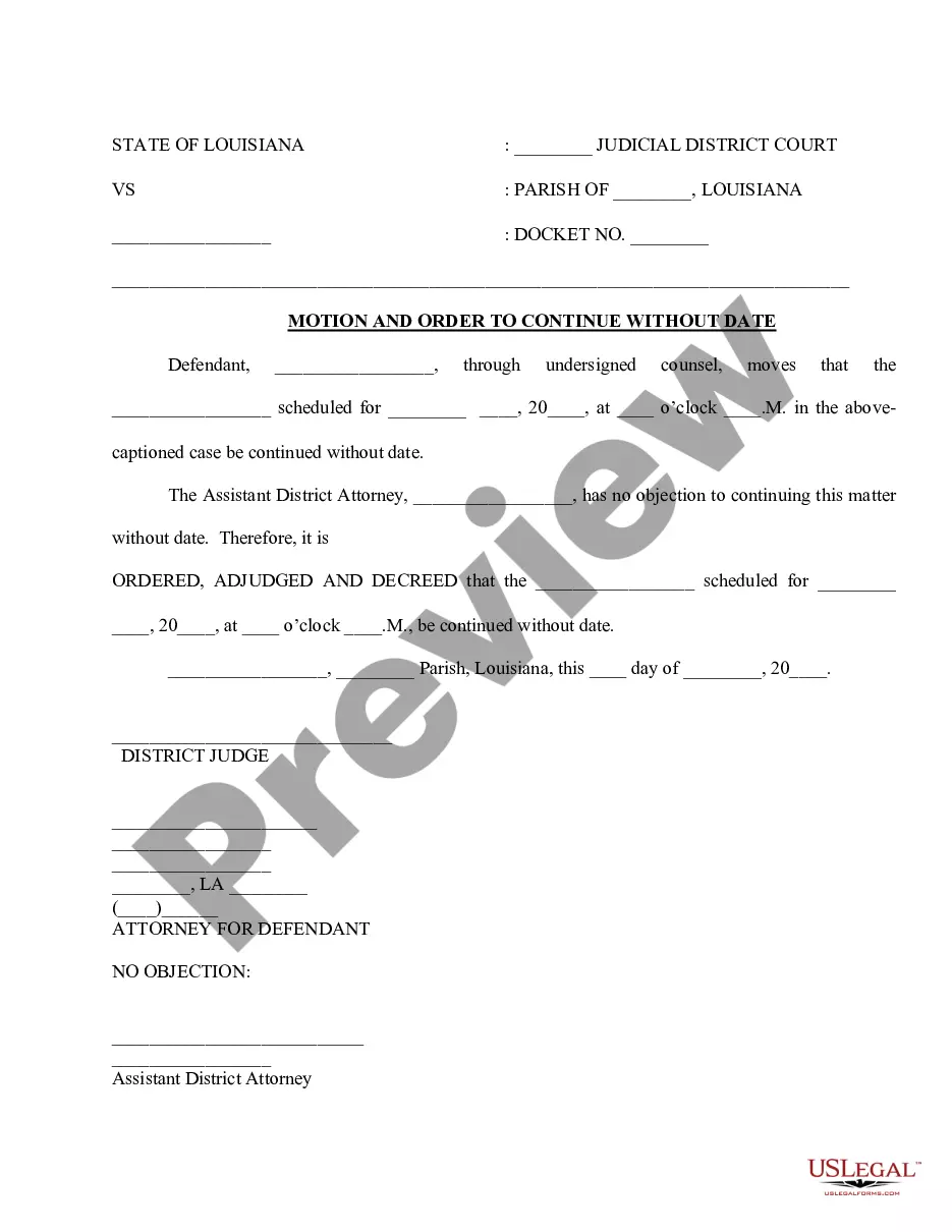 Louisiana Motion and Order to Continue without Date Motion For
