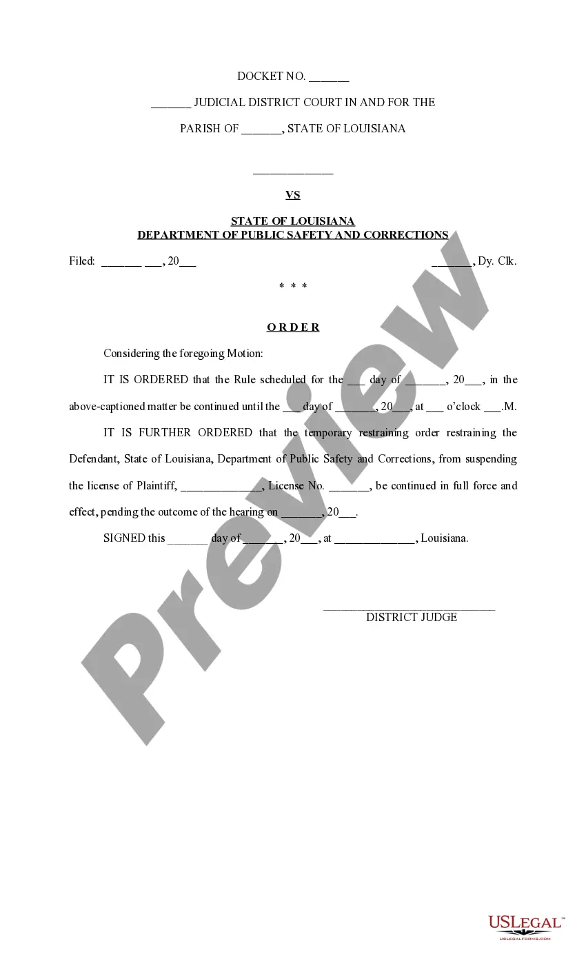 Get Motion and Order to Continue Rule Date and Temporary Restraining Order Preview Motion and Order to Continue Rule Date and Temporary Restraining Order