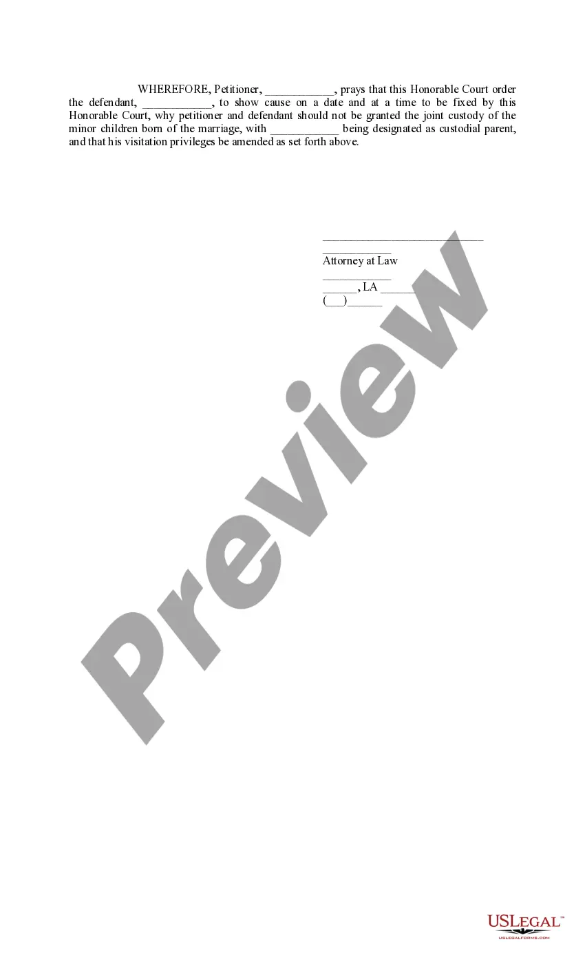 Get Rule to Change Custody from Sole to Joint and to Amend Visitation Preview Rule to Change Custody from Sole to Joint and to Amend Visitation
