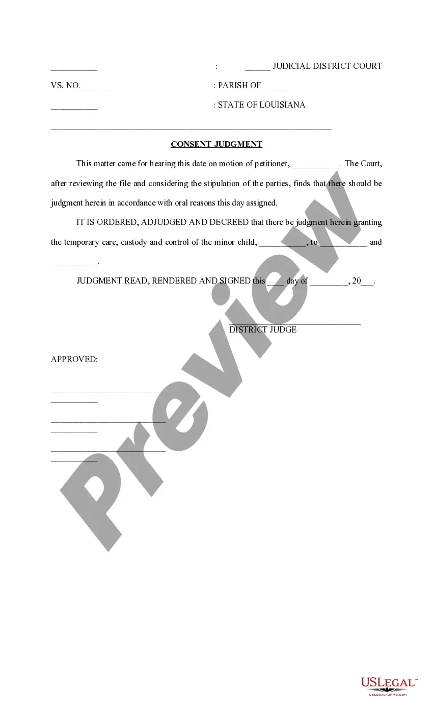 Preview Petition for Temporary Care, Custody and Control, with Consent Judgment