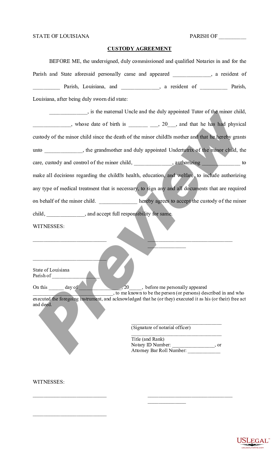 Shreveport Louisiana Custody Agreement Custody Agreement Template
