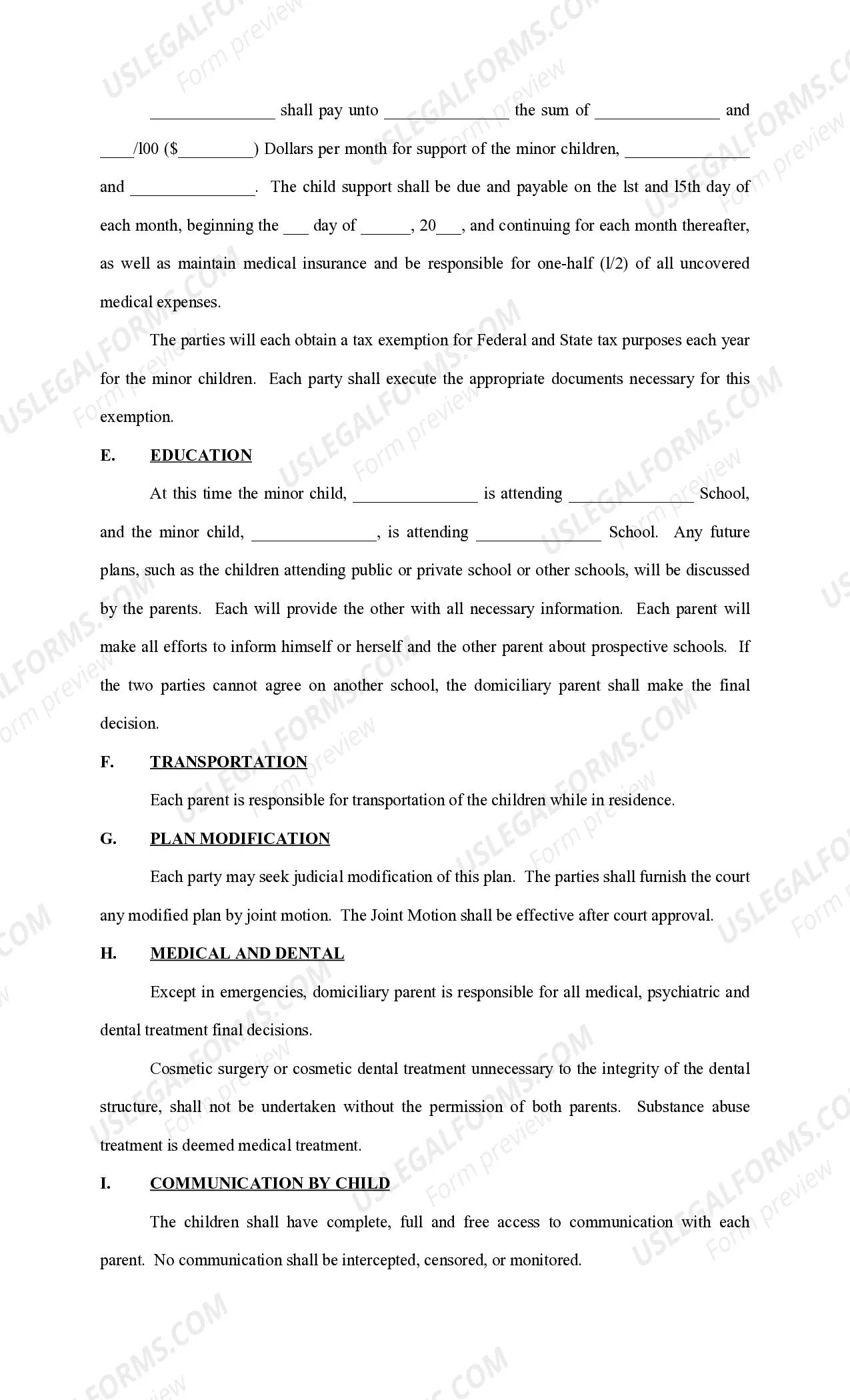 Preview Joint Custody Plan