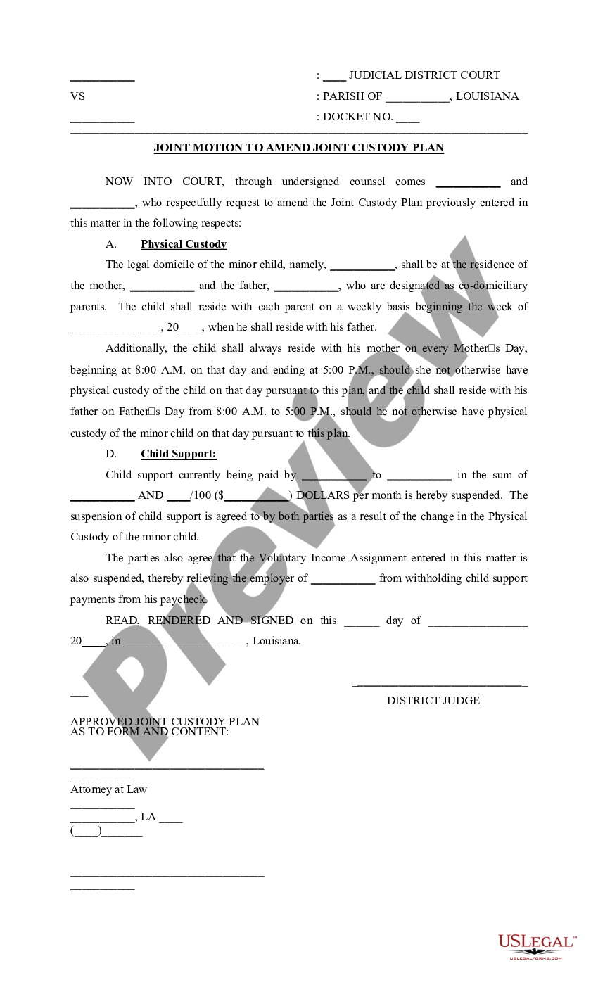 Louisiana joint motion to amend custody plan us legal forms