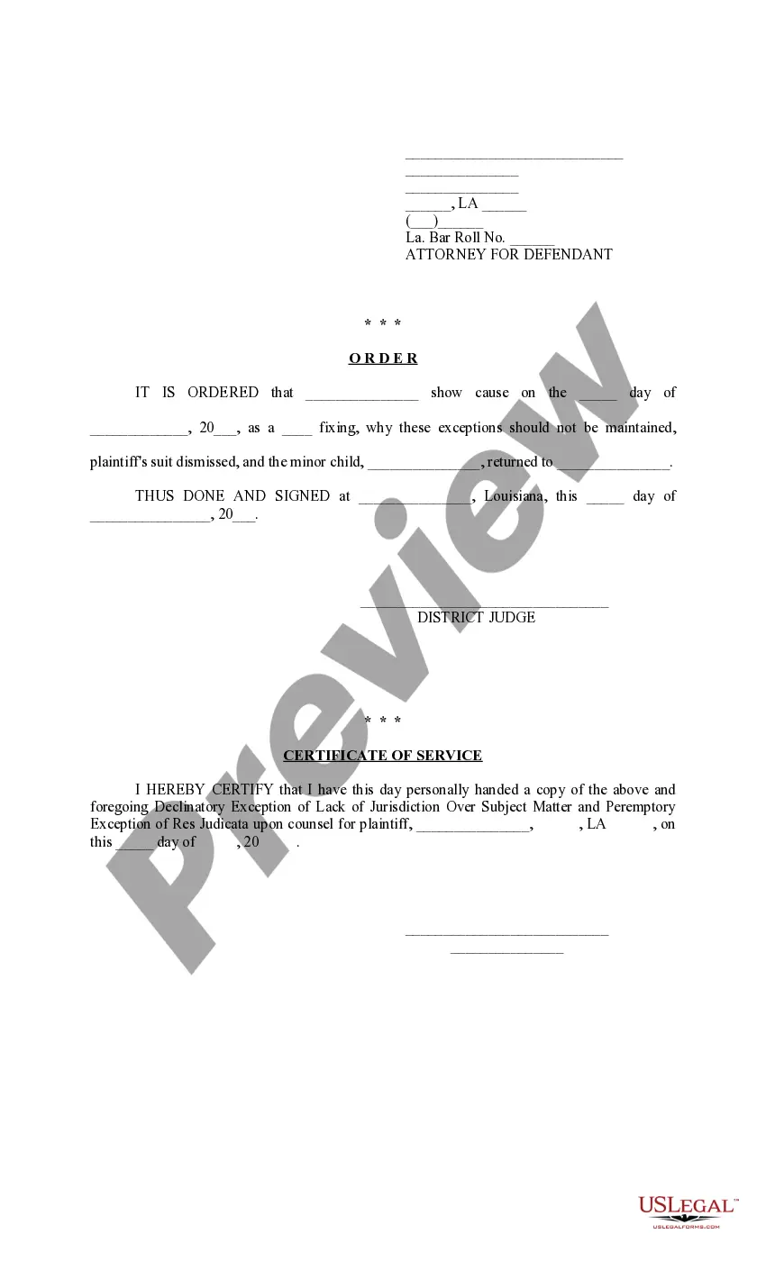 Preview Declinatory Exception of Lack of Jurisdiction over Subject Matter and Peremptory Exception of Res Judicata