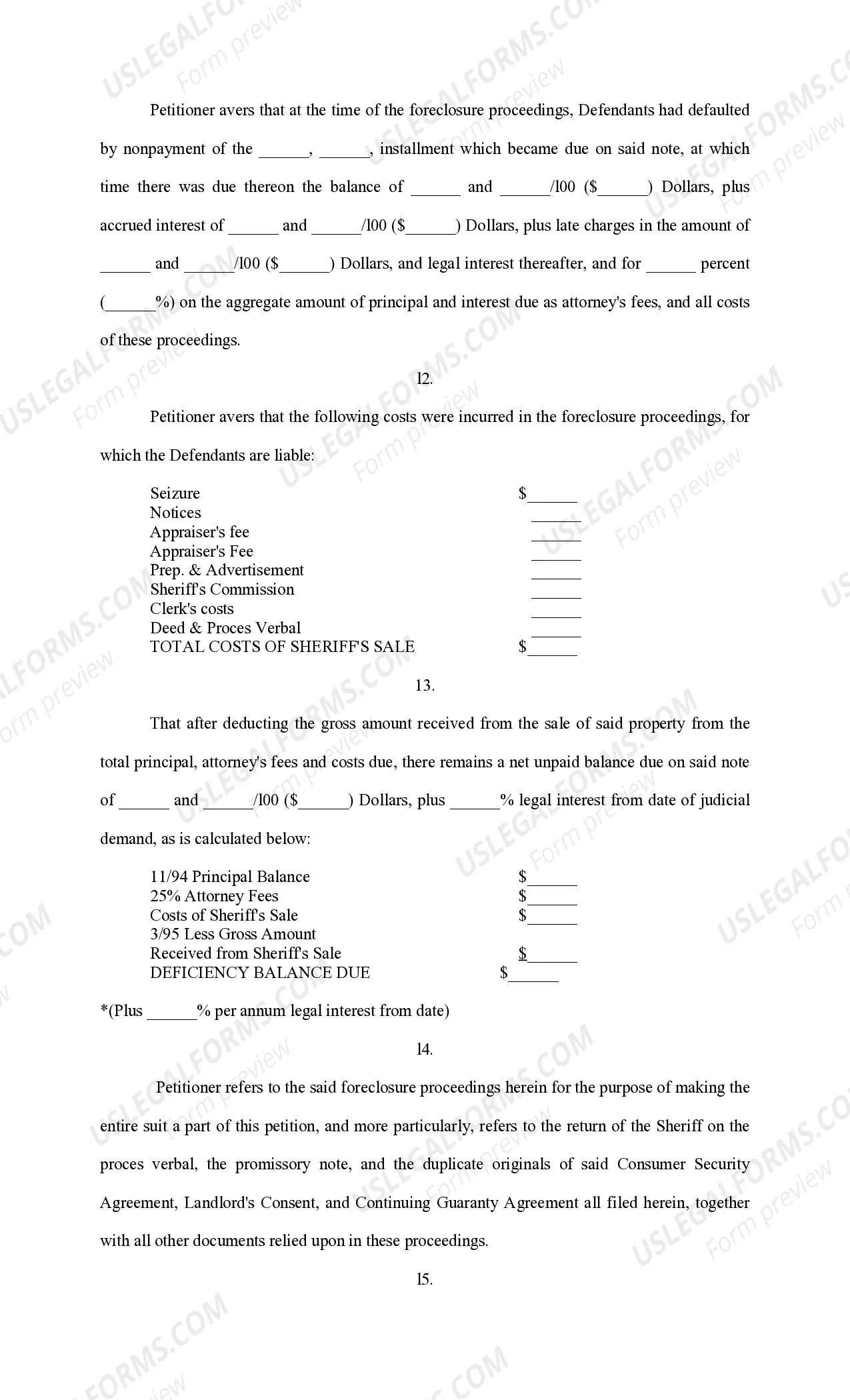 Preview Petition for Deficiency Judgment