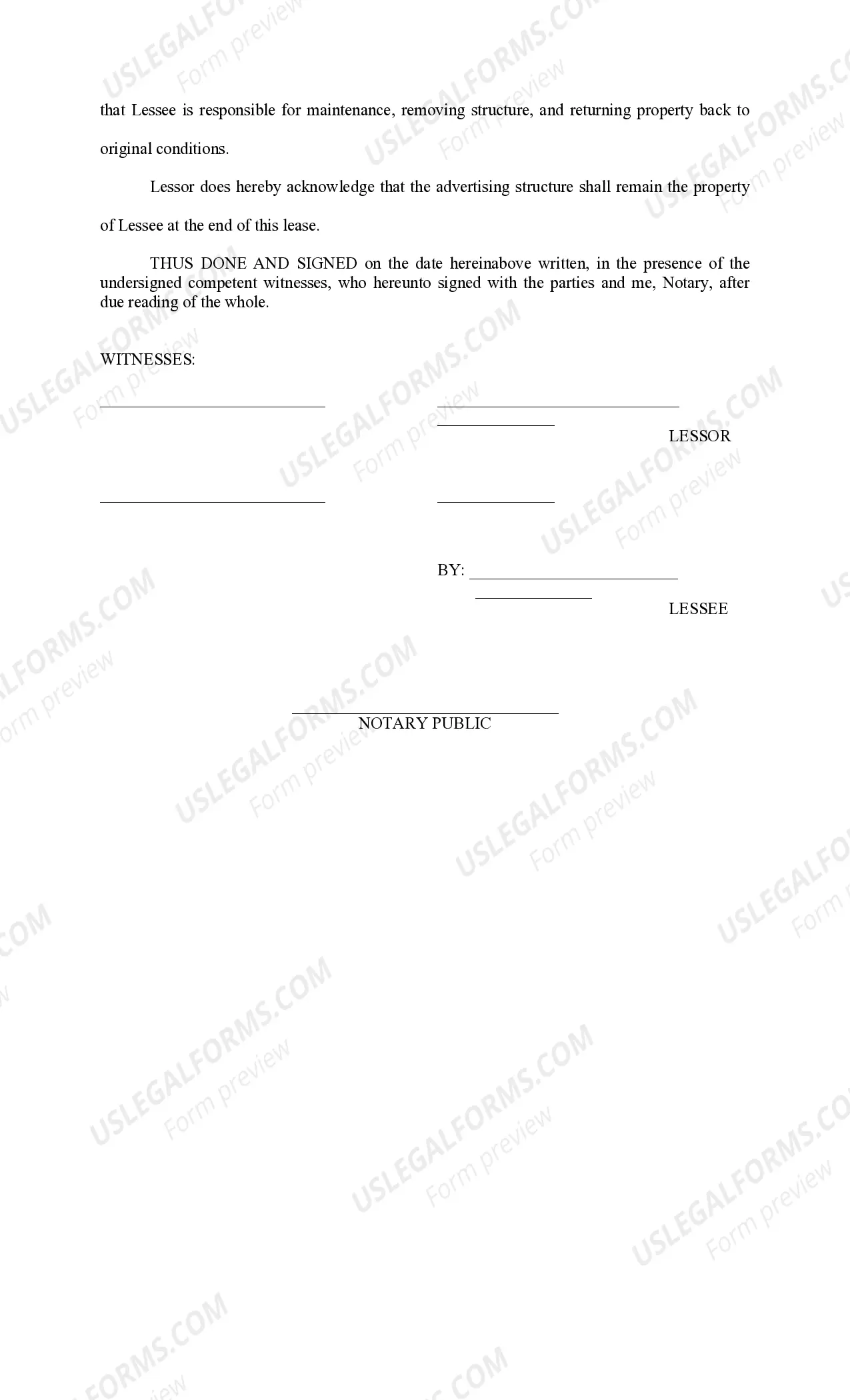 Preview Lease of Property for Advertising Sign