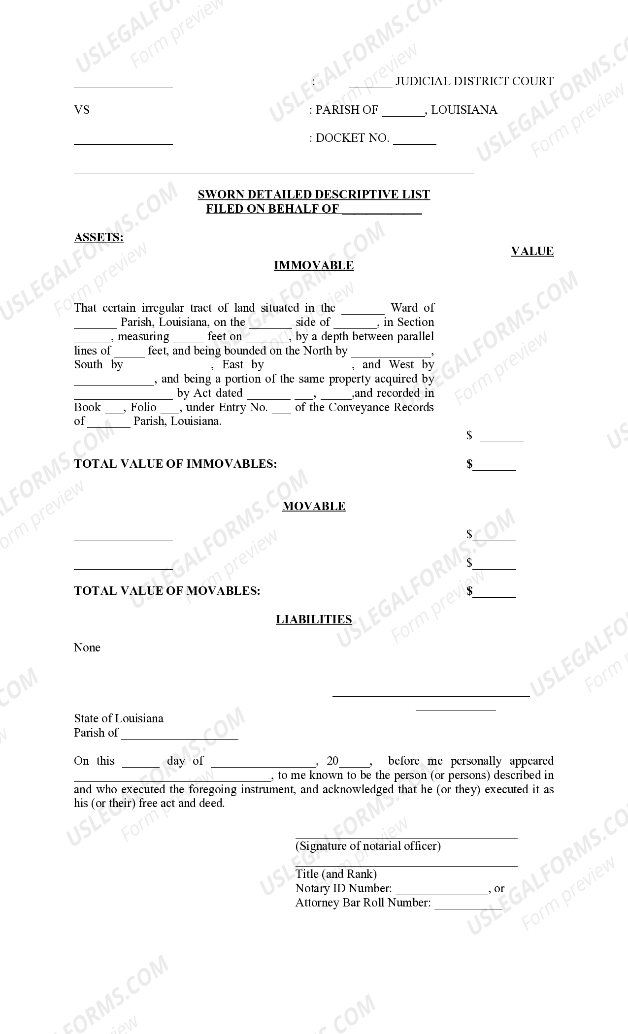 Louisiana Sworn Detailed Descriptive List of Immovable and Movable