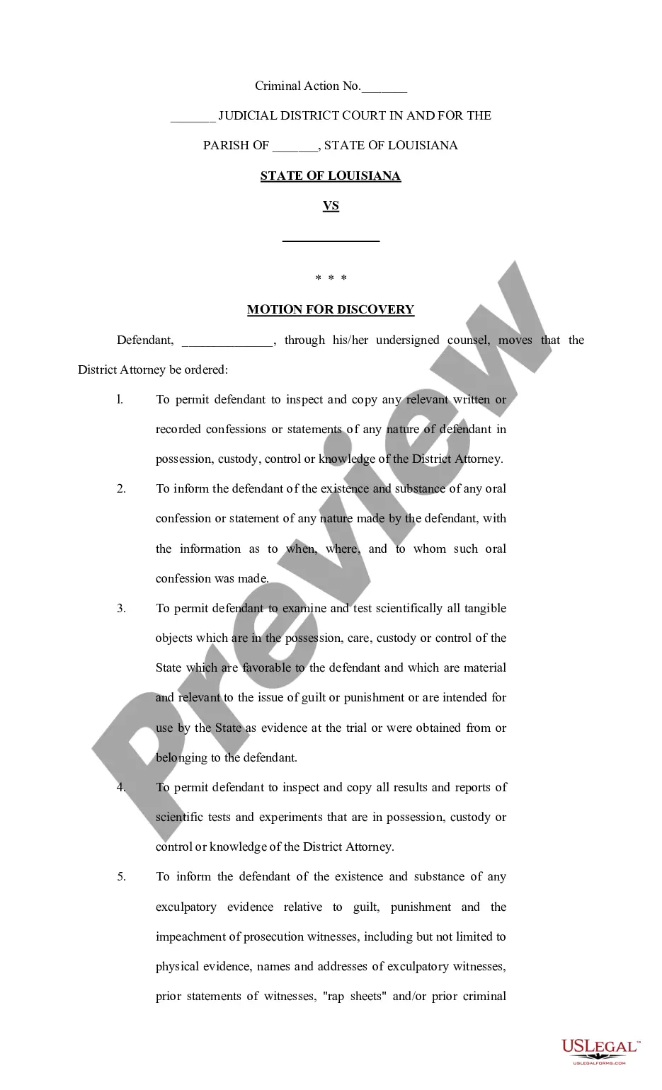 Louisiana Motion for Discovery Motion For Discovery Template US