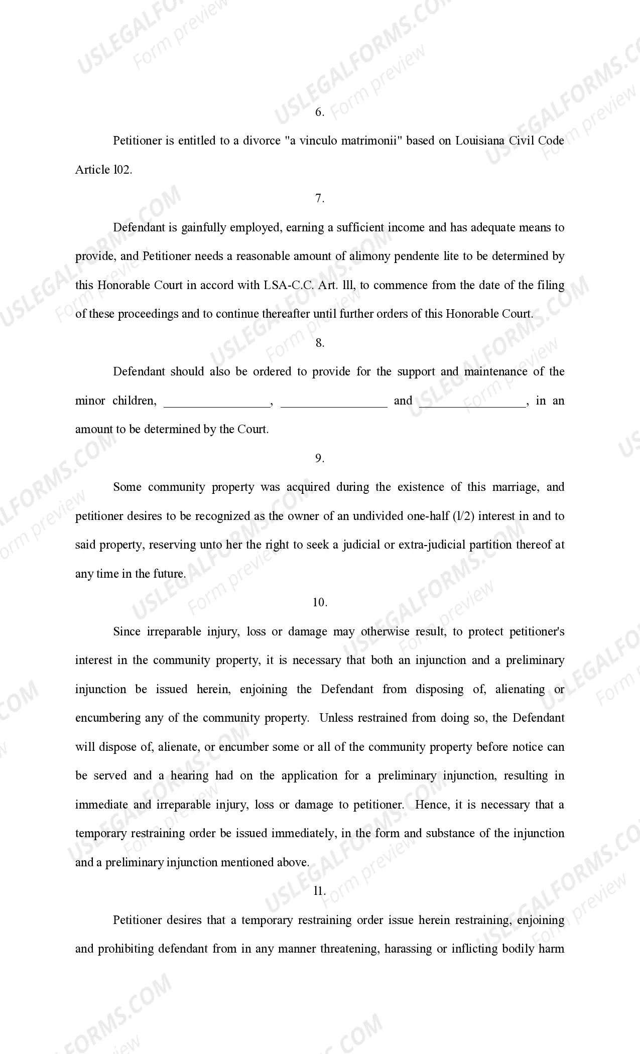 Preview Petition for Divorce with minor children, property, restraining order