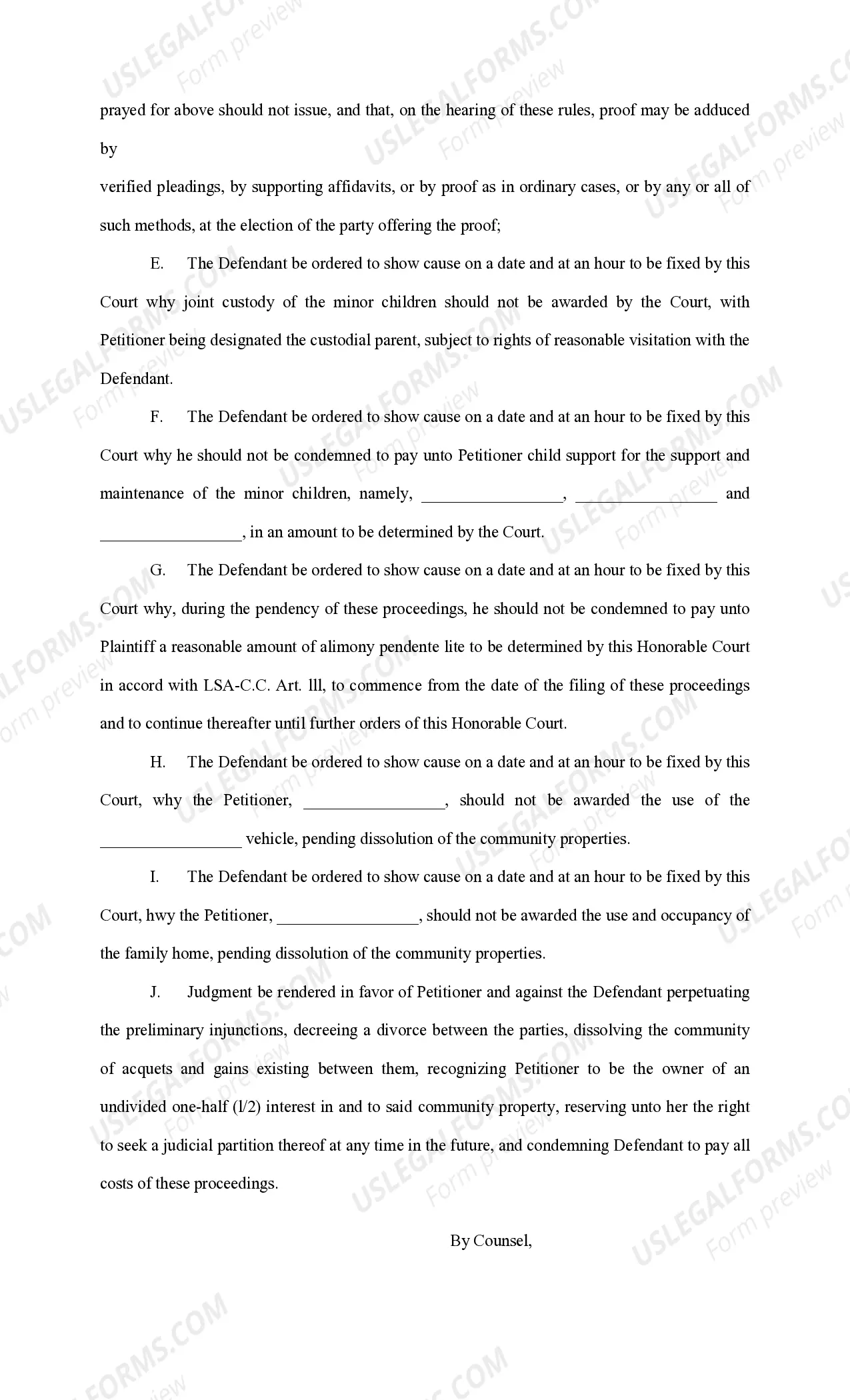 Preview Petition for Divorce with minor children, property, restraining order