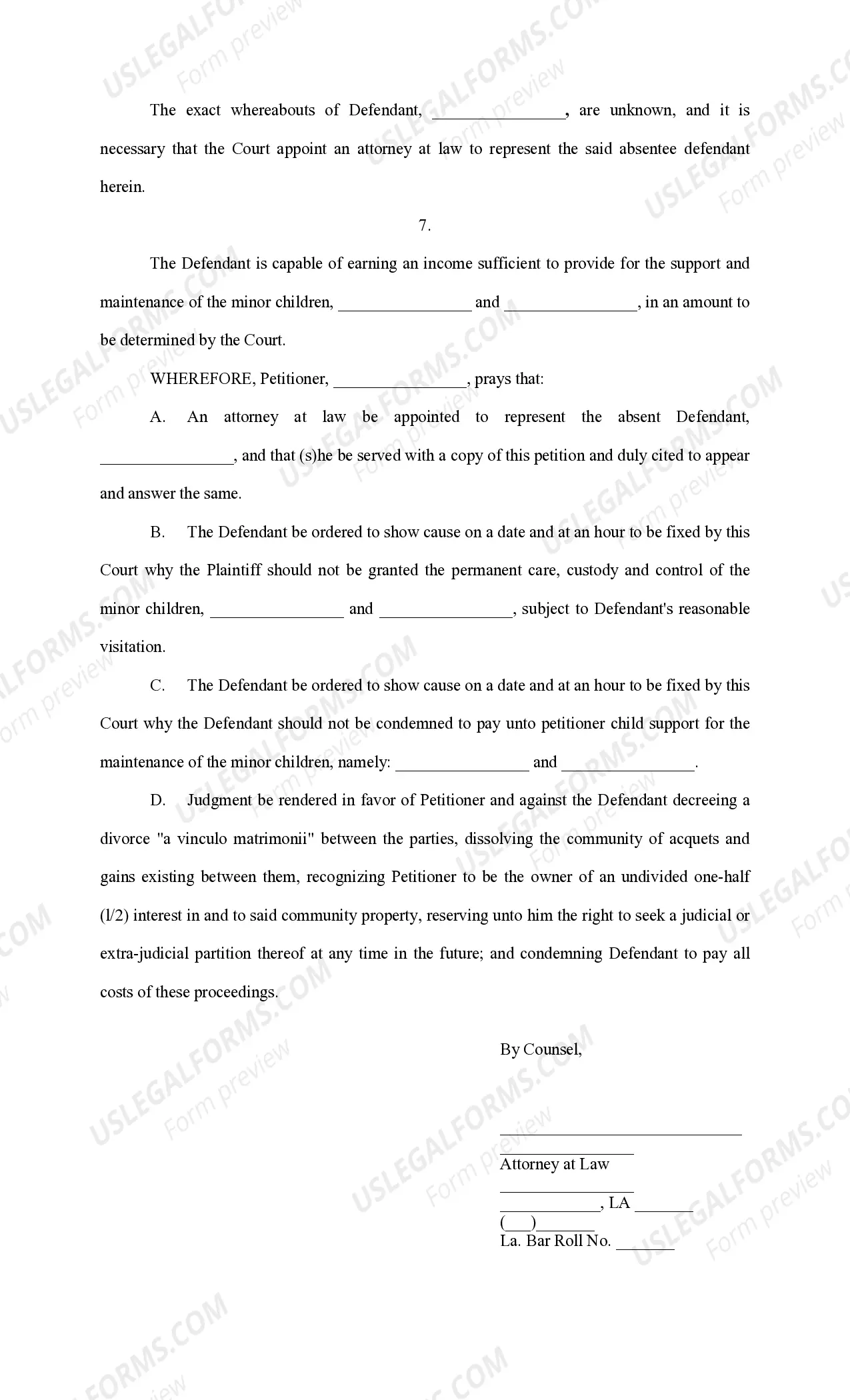 Preview Petition for Divorce Absentee Defendant