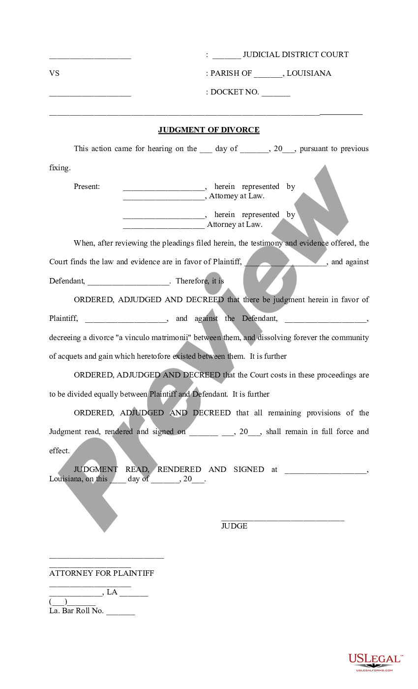 Louisiana Judgment of Divorce - Divorce Vinculo Matrimonii | US Legal Forms