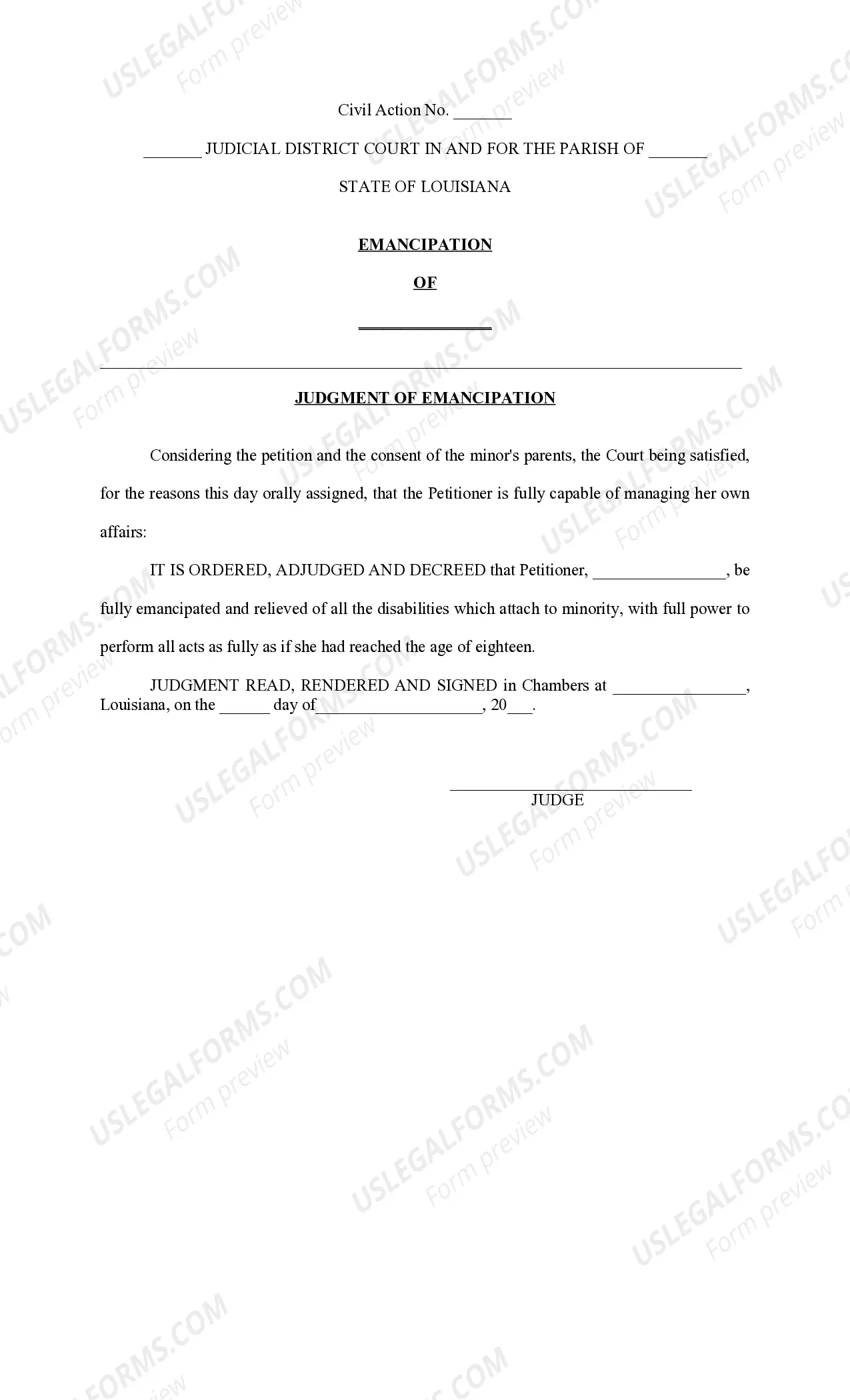 Preview Petition for Judicial Emancipation, with Parental Consent and Order