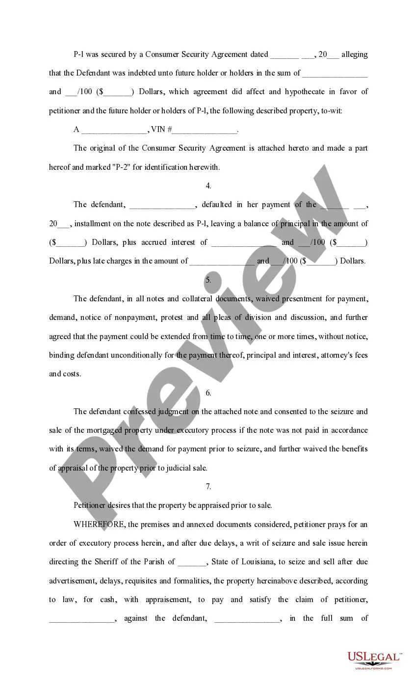 Preview Petition for Executory Process of vehicle with one defendant